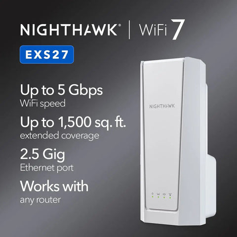 WiFi 7 Range Extender EXS27 That Covers Up To 1,500 Sq Ft And 45 Devices With BE5000 Dual Band Booster Up To 5 Gbps, shown against specs