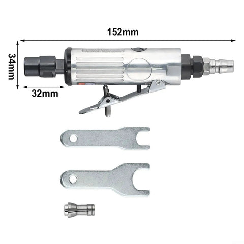 Top Notch Pneumatic Air Die Grinder Kit With Hella Fast Rotation And Sweet Smooth Polishing For Boss Level Metal Mold Grinding and Reliable Shop Tools, 152mm long, aluminum body, includes wrenches.