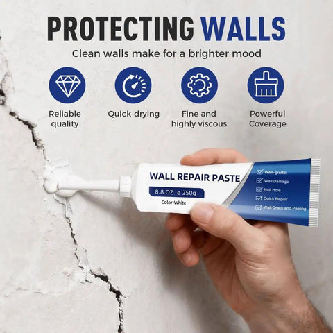 Person applying wall repair paste to cracked surface, showcasing Drywall Patch Repair Kit With Scraper For Quick And Easy Wall Hole Fixes And Crack Repair, DIY Friendly All In One Nail Hole Filler And Patch Kit For Plaster Or Drywall Surfaces, Fast Smooth Paint Ready Results.
