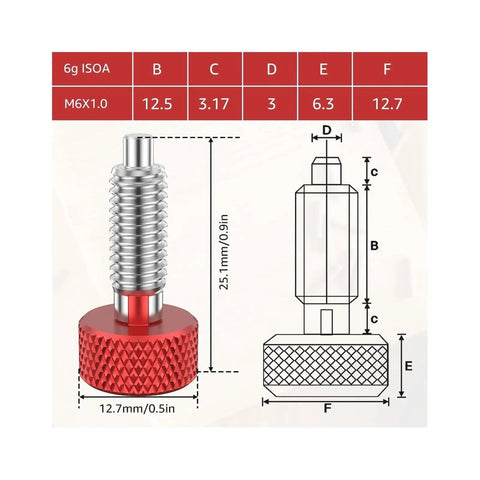 Spring Plunger Quick Release Pins Kit A29K Eight Pack With Knurled Stainless Steel Handles, Locking M6 Pins dimensions diagram