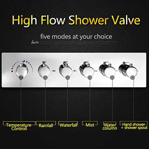 Top Shelf Thermostatic LED Shower System With Ceiling Mounted Rain Showerhead And Solid Brass Handheld Sprayer Plus Anti Scald Multi Function Bathroom Faucet Set That Runs Smooth Without Skipping A Beat with five-mode shower valve and temperature control.