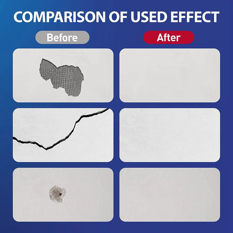 Spackle Wall Repair Kit For Drywall DIYers Fix Cracks Nail Holes Graffiti with before and after comparison on wall surfaces