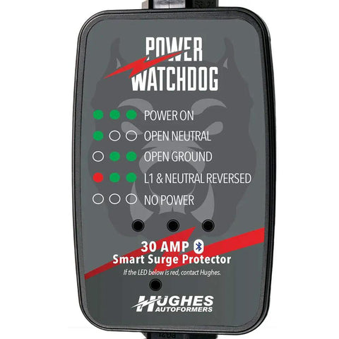 Bluetooth Enabled 30 Amp Surge Protector for RV and Coach, 3,000 Joules, front view with LED indicators and brand logo