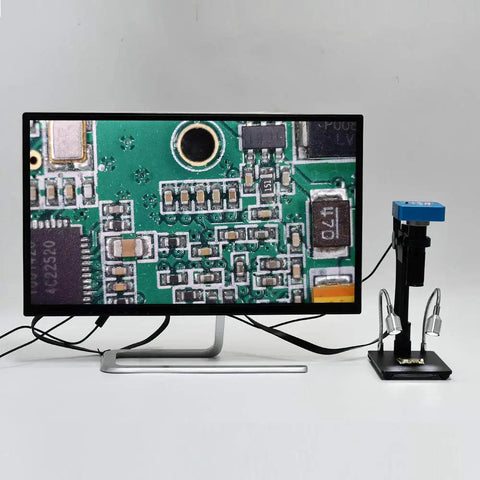 Ultra High Resolution 34MP Full HD 2K 1080P Digital Microscope Camera With HDMI And USB For Phone And PC Ideal For PCB Repair Electronics Inspection Industrial Microscopy And Precise Solder Work showing PCB on monitor