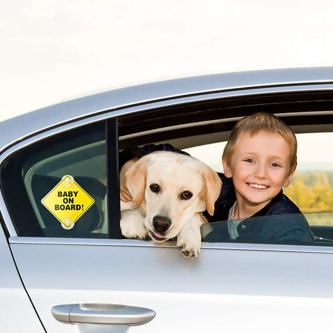 Car with Baby On Board Car Sign Pack, Two Window Stickers With Super Strong Double Suction Cups, Bright Reminder For Drivers.