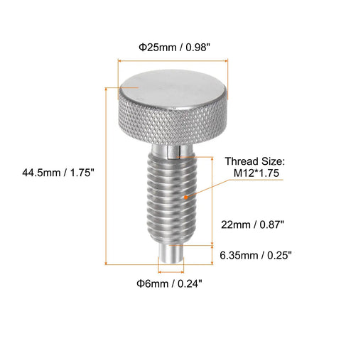 Four Pack Stainless Steel Spring Plunger Pins M12x1.75 Retractable Locating Pin with dimensions and details displayed.