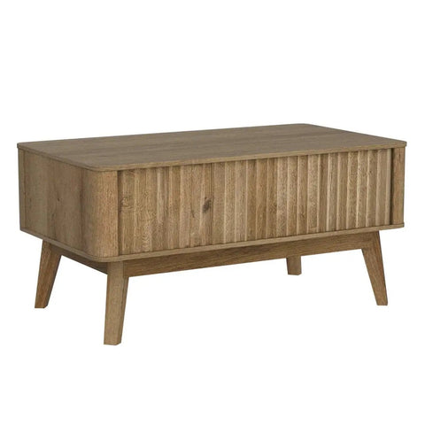 Lift Top Coffee Table With Hidden Storage, Mid Century Modern Farmhouse Design, Fluted Oak Finish, side view showcasing compact size.