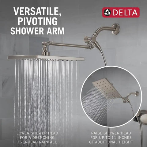 Top Shelf 10 Inch Square Raincan Shower Head With Handheld Duo In Slick Brushed Nickel Finish Packed With Spotshield Coating and Deadly Smooth High Output Rainfall Spray for a Serious Bathroom Upgrade, shown with versatile pivoting shower arm.
