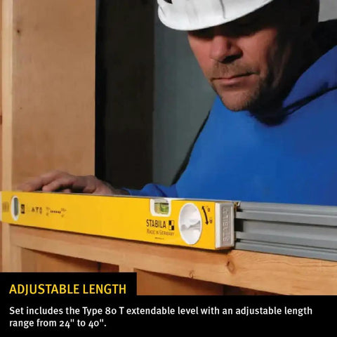 Heavy Duty Jamb Level Set Featuring 78 Inch Type 196 And 24 To 40 Inch Type 80 T Tool showing adjustable length tool in use.