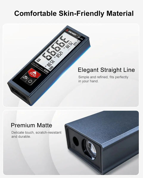 Ultra Compact Laser Distance Meter 196 Ft Range With Jumbo Lcd Screen showing premium matte finish and elegant design for easy handling.