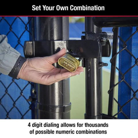 Hand adjusting Brass Resettable Four Digit Padlock For Indoor And Outdoor Use, No Fuss Security For Gym Lockers, attached to fence gate.