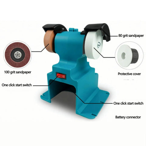 Banapoy 200W Cordless Mini Bench Grinder with 7000Rpm Buffer Polisher showing 100 grit and 80 grit sandpaper, and battery connector.
