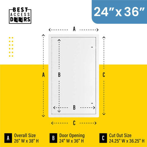Image showing dimensions of Heavy Duty 24 By 36 Inch Insulated Fire Rated Wall Access Panel 3 Hour Rating with 20 Gauge Galvanneal Steel.