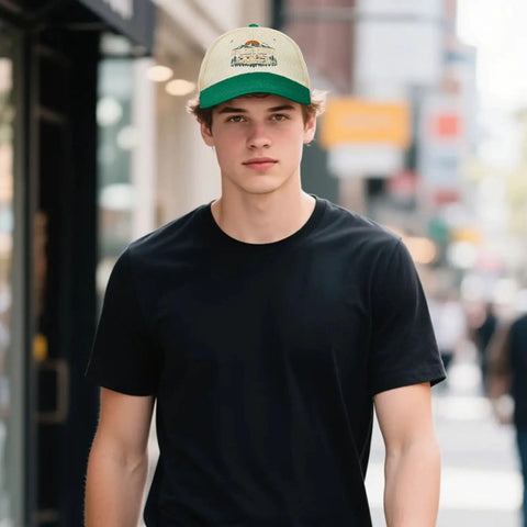 Young man wearing RV Pilot Hat For Road Trips And Camper Vacations Dope Outdoors Cap That Fits Casual Tees To Athleisure in urban setting.