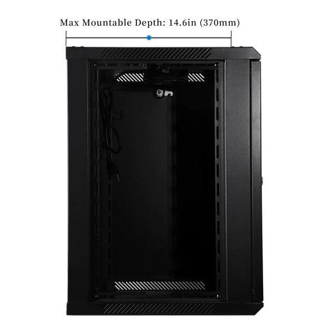 Rock Solid 12U Wall Mount Network Rack Cabinet Featuring Locking Tempered Glass Door with visible interior dimensions.