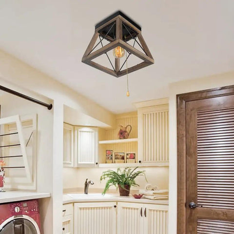 Rustic Wood Farmhouse Ceiling Light with Pull Chain in laundry room, 1 Light Small Square Black Flush Mount Edison E26