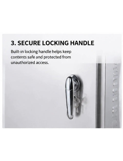 Rugged 304 Stainless Steel Outdoor Electrical Enclosure Waterproof Junction Box With Ventilated Side Panels All Weather IP Rated Corrosion Resistant Housing For Indoor And Outdoor Electrical Installations, locking handle close-up