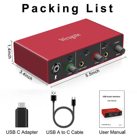 Packing list of USB Audio Interface For PC With 24 Bit 192 KHz Resolution Plug And Play XLR Input 48V Phantom Power included items.