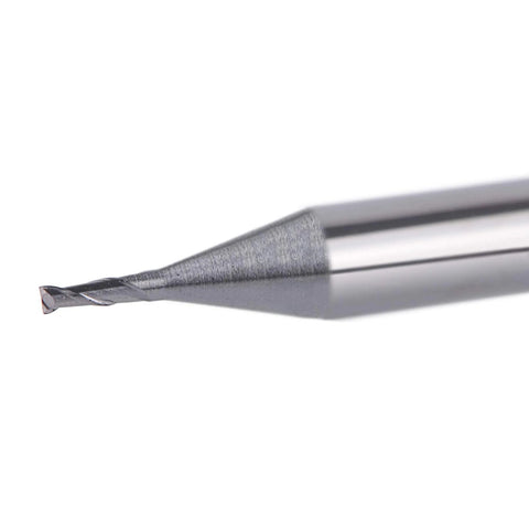 SpeTool carbide end mill tip, close-up view, flat-nose, double-flute, 1/32 in diameter