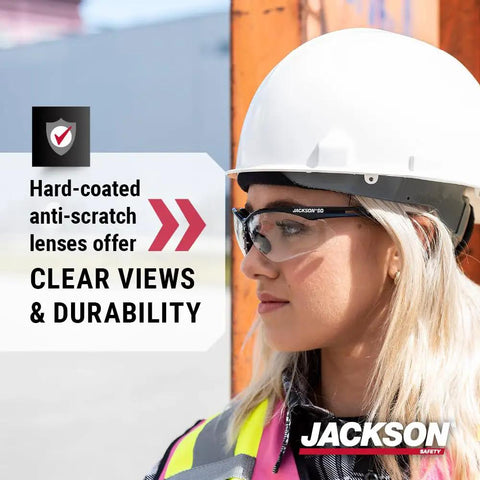Woman wearing SG Series Safety Glasses for Men and Women, Anti Scratch Lenses in Black Frame, ANSI Z87.1 Eye Protection