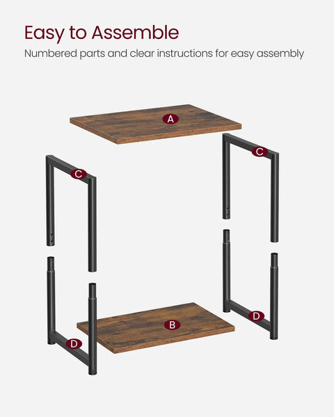 Set Of Two Industrial Style End Tables With Rustic Brown Tops And Matte Black Steel Frames, Easy Assembly Diagram
