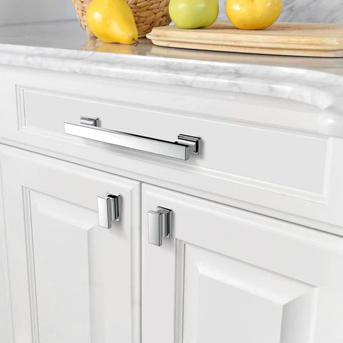 Kitchen cabinet with Polished Chrome Cabinet Knobs Set 10 Pack, 1.46 Inch Single Hole Rectangle Drawer Pulls installed