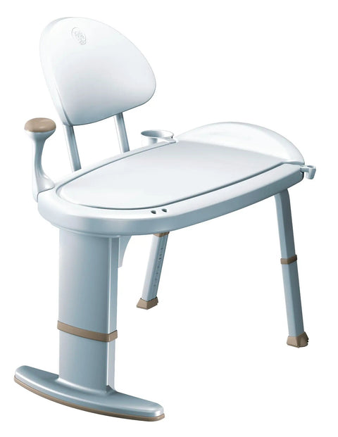 Side view of tub transfer bench shower chair for elderly and disabled adjustable height from 16 to 21 inches non slip surface