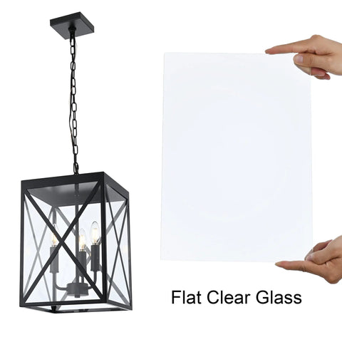 Outdoor Pendant Light Black Finish With Clear Glass, 1 Light Exterior Hanging Ceiling Lantern with crisscross frame and linear details, shown with clear glass panel.