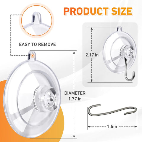 Rock Solid Invisible Suction Cup Hooks Twelve Pack Clear Reusable Removable Stainless Steel Design Holds Ten Pounds size dimensions 1.77 in diameter 2.17 in height