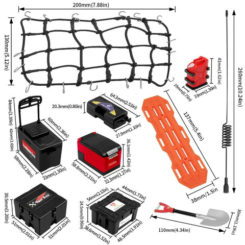10 Piece RC Crawler Roof Rack Gear Kit With Luggage Net Fishing Box Oil Drum Shovel Antennas Recovery Board For Traxxas TRX4 TRX6 Axial SCX10 Redcat GEN7 GEN8 Rc4wd Black showing all components and dimensions.