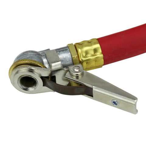 Close-up of clip and brass fitting on Analog Pistol Grip Inflator With Pressure Gauge, 36 Inch Hose, Assembled In USA, durable for cars and bikes