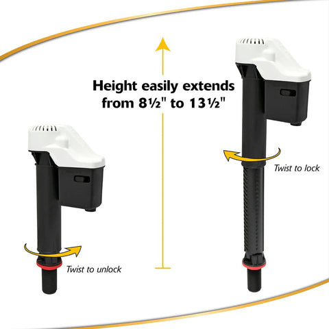 Universal Pro Grade Toilet Fill Valve With Twist Height Dial For No Sweat Swap Out And Whisper Quiet Flushing Operation That Handles Daily Use On Nearly Every Commode Tank, height adjustment feature shown.