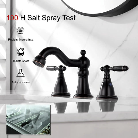 Slick Oil Rubbed Bronze 8 Inch Widespread Bathroom Sink Faucet With Drain, Double Lever Handle, 3-Hole Mount on a countertop