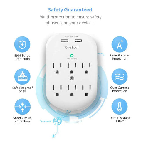 Six Outlet Surge Protector Power Strip With Two USB Ports Fast Charge 2.4A 490 Joules Surge Protection ETL Listed features