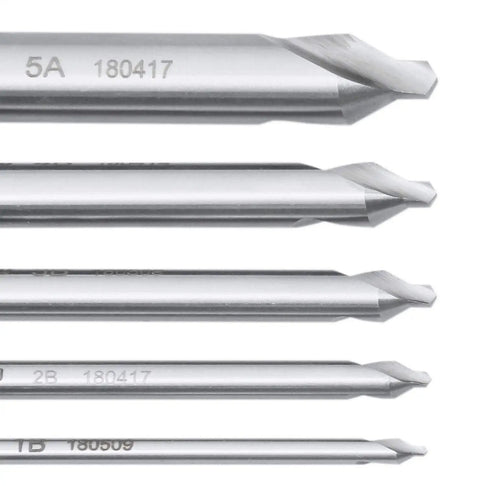 Close-up view of Long Series Center Drill Set HSS M2, 5 Pc 3/64 to 3/16 Inch, 4 Inch Length, Right Hand 60 Degree Tips
