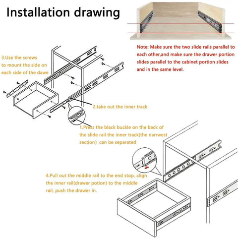 Installation steps for Heavy Duty 45mm Drawer Runners With Full Extension Drawer Slides Three Section Steel Ball Bearing Rails Side Mount.
