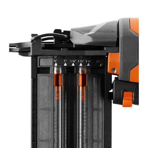 Close-up of Pneumatic 18 Gauge Brad Nailer Two And One Eighth Inch With Clean Drive Technology nail size indicator