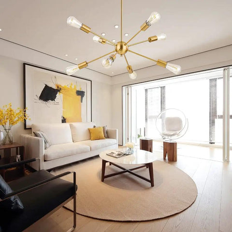 Mid Century Sputnik Chandelier With Eight Lights Industrial Vintage Black Starburst Flush Mount Ceiling Light for living room