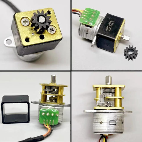 Collage of a DC micro stepper motor with brass gearbox; front gear, side with green terminal, back cover, gear train.