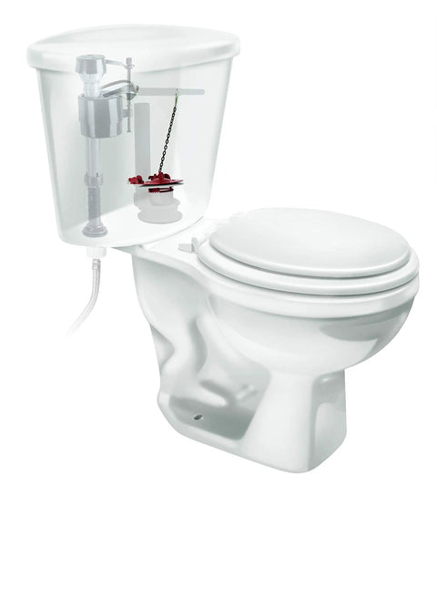 Visible inside a toilet tank is the Adjustable Water Saving 3 Inch Toilet Flapper Red Model 513A-016-P4 Compatible No Fuss Install.
