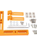 Workhorse Aluminum Alloy Vise Clamps Compatible With T Slot And Perforated Worktables includes orange clamps, bolts, and measuring tool.