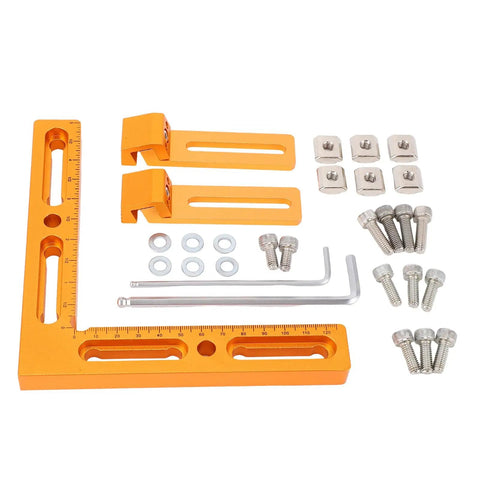 Workhorse Aluminum Alloy Vise Clamps Compatible With T Slot And Perforated Worktables includes orange clamps, bolts, and measuring tool.