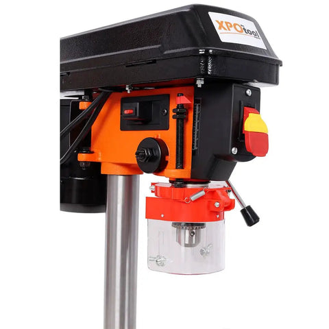 Aynuma 8 Inch Benchtop Drill Press With 400 Watt Induction Motor And Five Speed Settings, detailed close-up of controls and chuck.