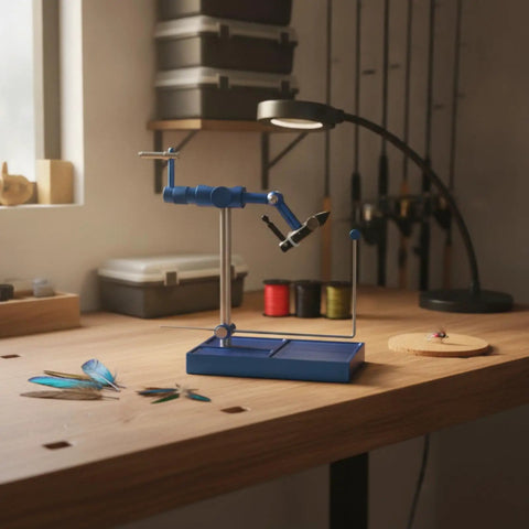 Fly Tying Vise With Adjustable Head And Hardened Steel Hook Jaws, No Slip Bench Tool That Doubles As Fly Tying Workhorse, Silver Finish With Scale For Accurate Measurements For Every Session, blue desktop vise on wooden workbench