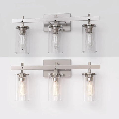 Modern Farmhouse Three Light Vanity Light With Clear Glass Shades In Brushed Nickel For Bathroom Hallway Entryway Kitchen Mirror And Laundry Room