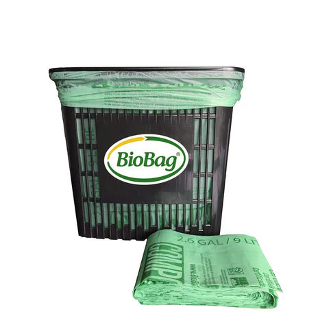 Heavy Duty Compostable Food Scrap Bags 100 Count Bpi Certified Biodegradable Kitchen Counter Liners in a black bin with a green liner.
