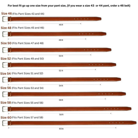 Size comparison chart for Big And Tall Leather Work Belt With No Scratch Design And Hook And Loop Closure, various sizes.