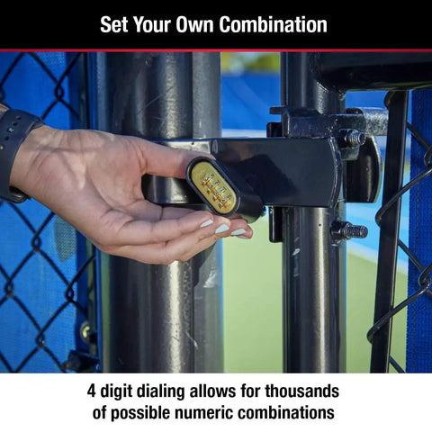 Person setting code on Black Combination Padlock With Your Own No Fuss Four Digit Code For Indoor And Outdoor Use, Model 178D on gate