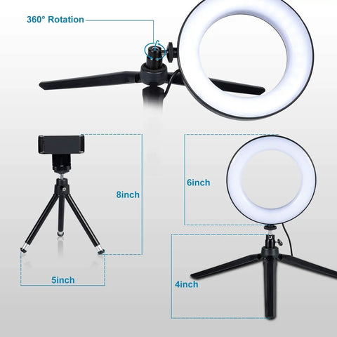 6 Inch Ring Light With Tripod Stand For Desk Use Perfect For YouTube Vids, Makeup Tutorials And Selfies, showing dimensions and 360-degree rotation feature.