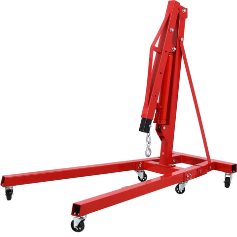 Rock Solid 2 Ton Folding Engine Hoist Cherry Picker Shop Crane With Hydraulic Ram and Six Smooth Swivel Casters in red steel.